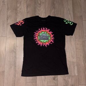 Y2K Lifted Anchors Stank Love Tour Black Graphic Tee with Neon Flame Design